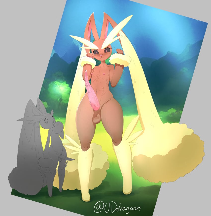 absurd_res alpha_pokémon anthro balls big_ears big_penis black_sclera brown_body brown_fur duo erection eyebrows fluffy_ears fur generation_4_pokemon genitals girly hi_res lagomorph larger_male long_ears long_eyebrows looking_up lopunny male male/male male_lopunny mammal nature nintendo nude outside penis penis_size_difference plant pokémon_(species) pokemon pokemon_(species) size_difference smaller_male standing tapering_penis tree uddragoon video_games wrist_fluff