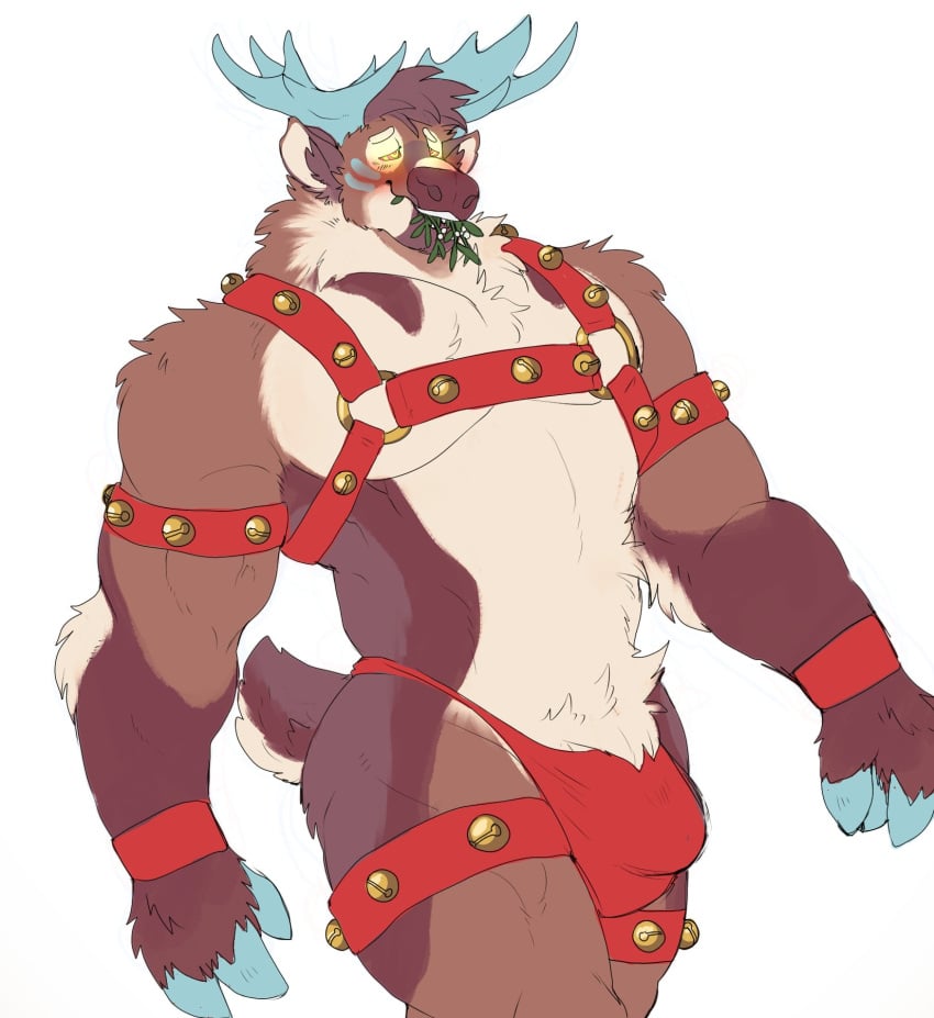 2021 anthro antlers bell bell_harness biceps bulge capreoline cervid deer glowing glowing_eyes hair harness hi_res horn hyenaface hypnosis jingle_bell jingle_bell_harness male male_only mammal mind_control mistletoe muscular muscular_male pecs plant reindeer ringed_eyes simple_background smile solo westt white_background