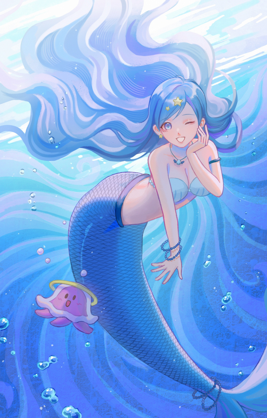 blue_eyes blue_hair blue_tail female female_focus hair hanon_hosho hi_res houshou_hanon jpeg looking_at_viewer mermaid mermaid_girl mermaid_melody_pichi_pichi_pitch mermaid_tail one_eye_closed underwater water