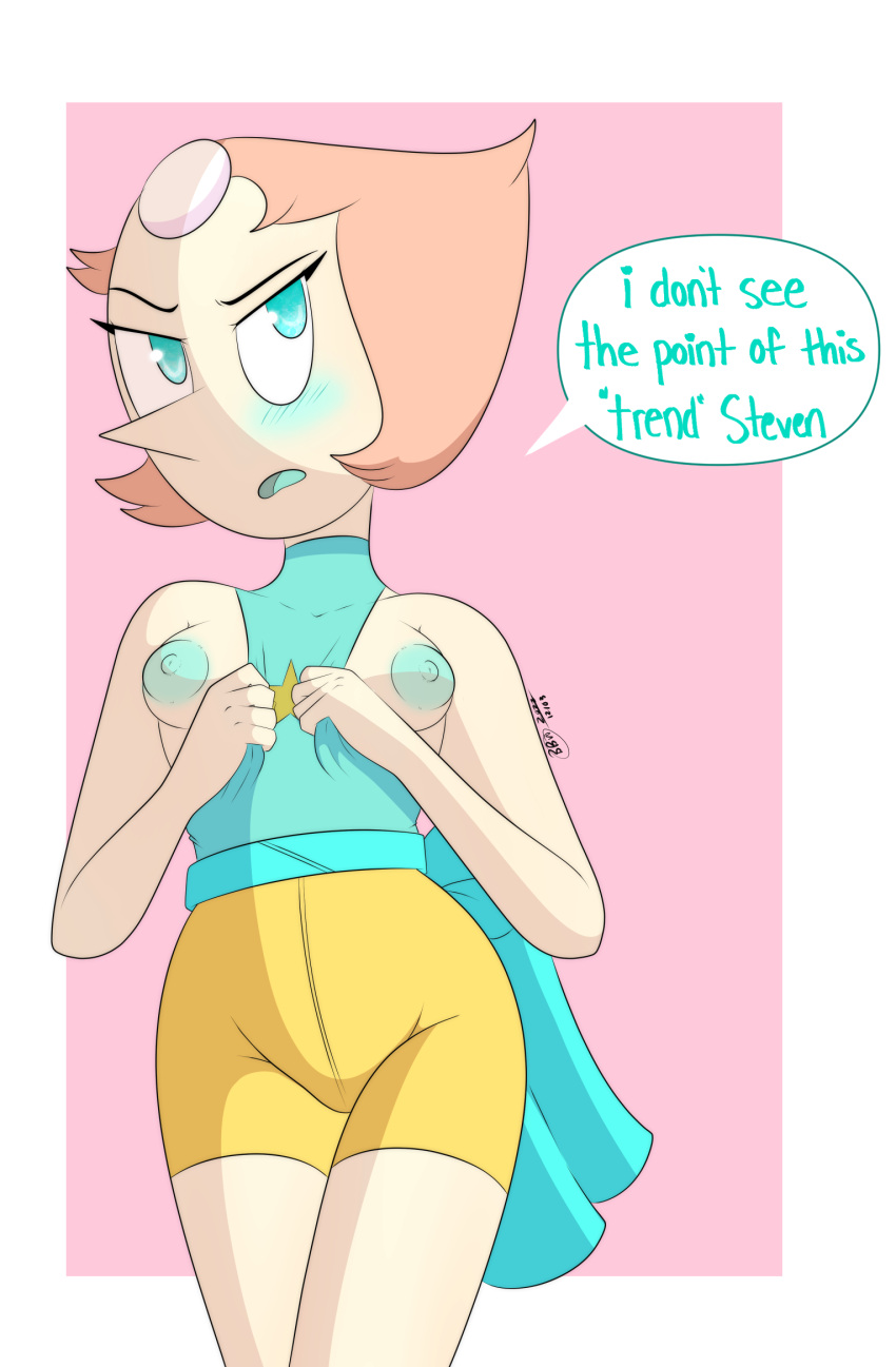 1girls aqua_nipples areolae blue_eyes blue_nipples breasts bunbunmuffinart cartoon_network english_text female_only gem_(species) humanoid light_skin looking_at_viewer nipples pearl_(steven_universe) pointy_nose short_hair small_breasts speech_bubble steven_universe