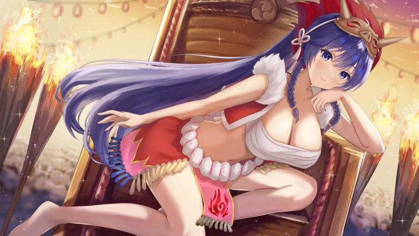 1girls alternate_costume bare_legs bare_midriff barefoot blue_eyes blue_hair braid breasts chest_sarashi cleavage female female_only fire fire_emblem fire_emblem:_the_sacred_stones fire_emblem_heroes large_breasts legs long_hair looking_at_viewer mask midriff nintendo official_alternate_costume outdoors ponytail sarashi sauvignon smile solo tana_(fire_emblem) tana_(flame)_(fire_emblem) throne tiki_torch torch twin_braids very_long_hair