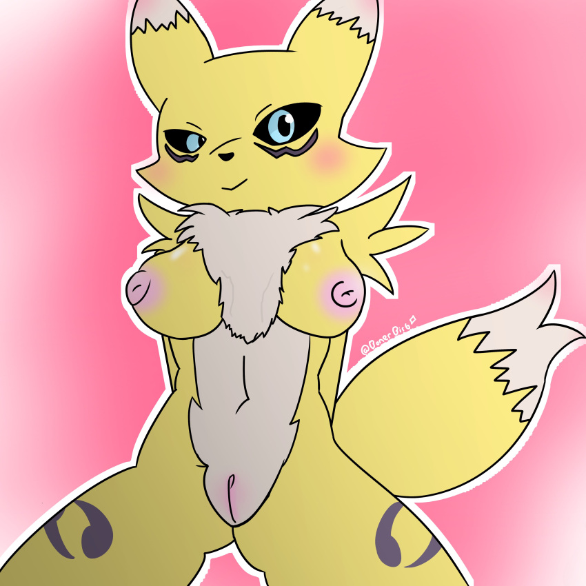 1:1 absurd_res anthro bandai_namco blush breasts digimon digimon_(species) famousfen female genitals hands_behind_back hi_res looking_at_viewer multicolored_body presenting pussy renamon simple_background sitting smile solo yellow_body