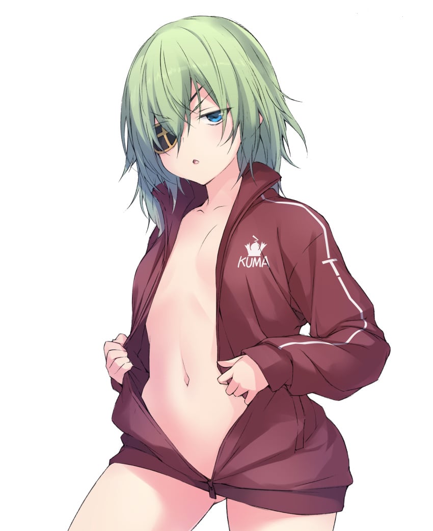 blue_eyes breasts clothes_writing cowboy_shot eyepatch female green_hair highres jacket kantai_collection kiso_(kantai_collection) naked_jacket navel official_alternate_costume open_clothes open_jacket red_jacket sakana_(flame_sakana) school_uniform serafuku short_hair simple_background small_breasts solo triangle_mouth white_background