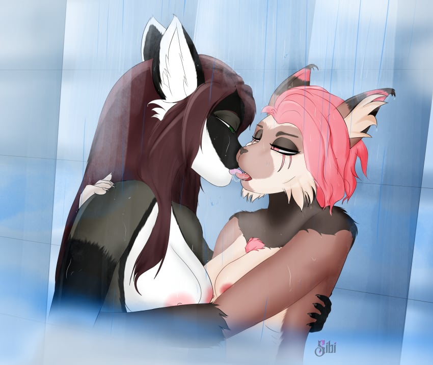 absurd_res adira_auburn anthro bodily_fluids breasts domestic_cat duo embrace felid feline felis female female/female french_kissing friend friends hi_res hug kissing maine_coon mammal nipples pantherine saliva shower sibi_(sibi_the_messtress) sibi_the_messtress sloppy_kiss wet