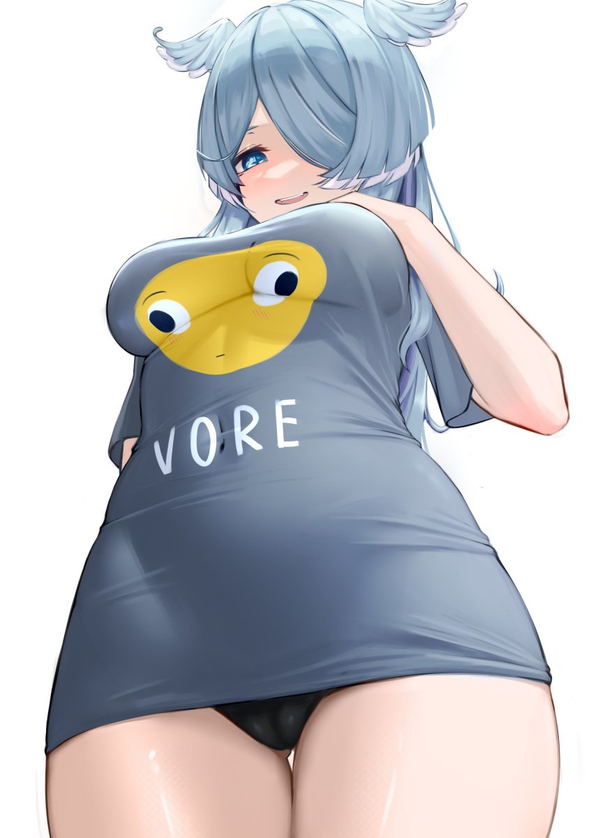 1girls big_breasts black_panties blush camel_toe cameltoe cloverse6 covered_eye elira_pendora eye_covered female female_only fully_clothed hair_wings head_wings looking_at_viewer looking_down nijisanji nijisanji_en no_pants one_eye_covered one_eye_obstructed panties pantyshot pantyshot_(standing) solo solo_female solo_focus text text_on_clothing text_on_shirt thighs tight_clothing tight_fit tight_shirt underboob viewed_from_below virtual_youtuber vore_t-shirt