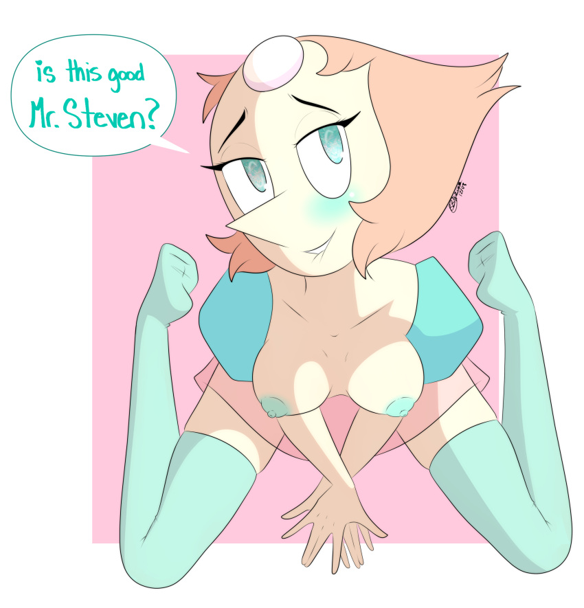 1girls aqua_nipples areolae blue_eyes blue_nipples breasts bunbunmuffinart cartoon_network english_text female_only gem_(species) high-angle_view humanoid light_skin looking_at_viewer nipples pearl_(steven_universe) pointy_nose short_hair small_breasts speech_bubble steven_universe