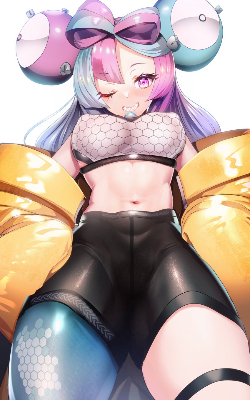 1girls blue_hair breasts female grin hair_ornament iono_(pokemon) large_breasts light-skinned_female light_skin long_hair long_sleeves low-angle_view navel navy_series nintendo one_thighhigh pink_eyes pink_hair pointy_teeth pokemon pokemon_sv shorts silly_(marinkomoe) smile thick_thighs twintails