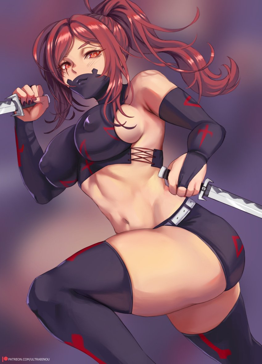 1girls arm_sleeves belly_button dagger erect_nipples eye_scar facemask leggings oc original ponytail red_eyes red_hair scar sideboob ultrabinou watermark weapon