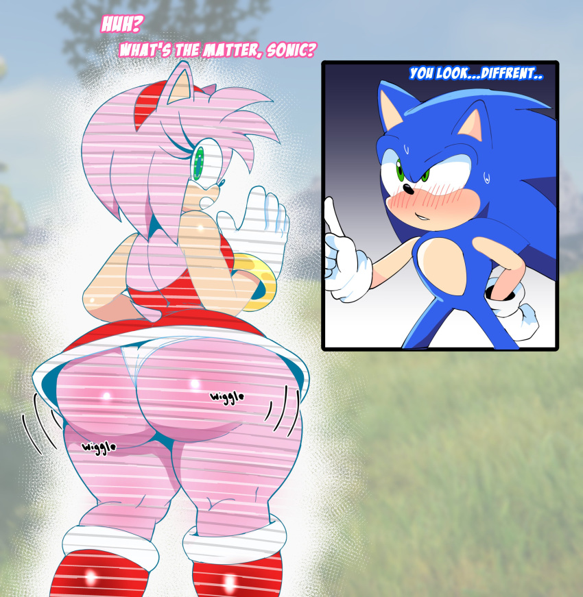 1boy 1girls absurd_res amy_rose anthro ass back_view big_ass blue_fur blush blushing clothed clothing confusion crossnsfw dat_ass dialogue dress english_text exposed female fur furry gloves green_eyes headband headwear hedgehog hologram huge_ass looking_back male mobian_(species) panties pink_fur sega sonic_(series) sonic_frontiers sonic_the_hedgehog sonic_the_hedgehog_(series) sweat tail talking text thick_thighs wide_hips