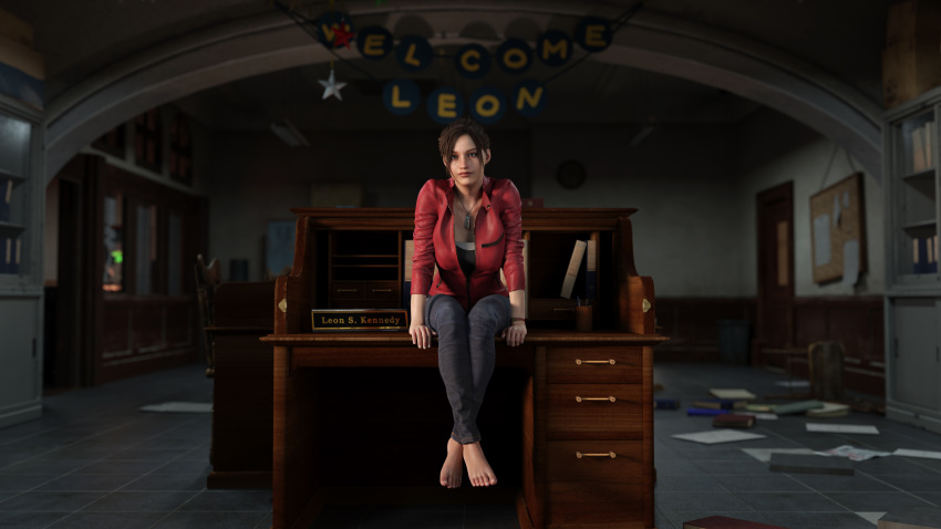 3d barefoot brown_hair capcom claire_redfield clothed clothes clothing crossed_feet crossed_legs feet female female_focus female_only foot_fetish jeans leather_jacket neverseenme resident_evil resident_evil_2 resident_evil_3 resident_evil_3_remake sitting smile smiling