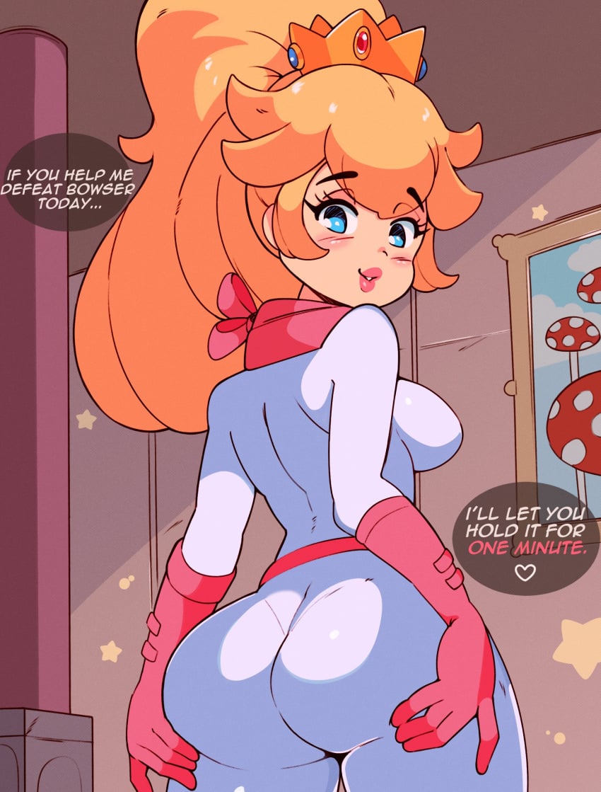 1girls ass ass_grab back_view big_ass big_butt blonde_hair blue_eyes blush bodysuit breasts crown curvy dialogue english_text female female_only fully_clothed heart looking_at_viewer looking_back mario_(series) nintendo ponytail princess_peach sideboob solo speech_bubble spoken_heart standing super_mario_64 super_mario_bros._(2023_film) text thick_thighs tiaramisstsu