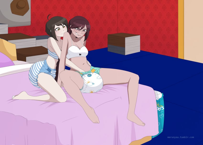 2girls bed bedroom black_hair blue_bra bow_bra bra braided_hair breasts brown_eyes brown_hair danganronpa diaper diapered_lovers fingering fukawa_touko glasses hand_in_diaper hand_on_hip long_hair medium_breasts merunyaa midriff multiple_girls naegi_komaru navel on_bed pampers pillow purple_pillow short_hair straight_hair striped_bra sweating white_bra yuri