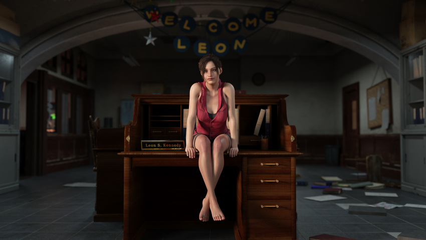 3d barefoot brown_hair capcom claire_redfield clothed clothes clothing crossed_feet crossed_legs feet female female_focus female_only foot_fetish neverseenme resident_evil resident_evil_2 resident_evil_3 resident_evil_3_remake sitting smile smiling