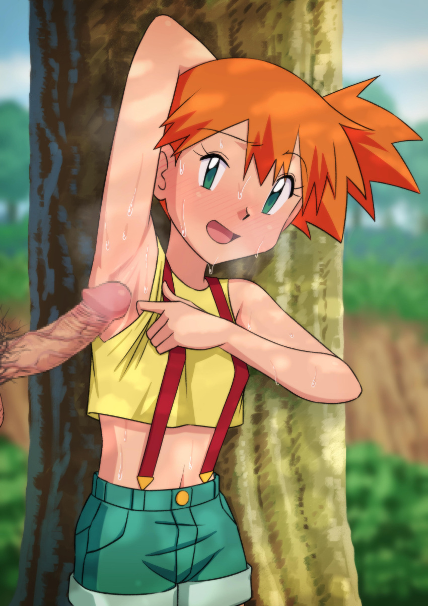 1girls absurdres arm_behind_head arm_up armpit_sex armpits bangs bare_arms blush censored commentary_request crop_top cropped_shirt dappled_sunlight day eyelashes female green_eyes green_shorts half-closed_eye highres kasumi_(pokemon) looking_at_viewer miraa_(chikurin) mosaic_censoring navel open_mouth orange_hair outdoors penis pokemon pokemon_(anime) pokemon_(classic_anime) presenting_armpit shirt short_hair shorts side_ponytail sleeveless sleeveless_shirt solo standing sunlight suspenders sweat tongue tree upper_body variant_set yellow_shirt