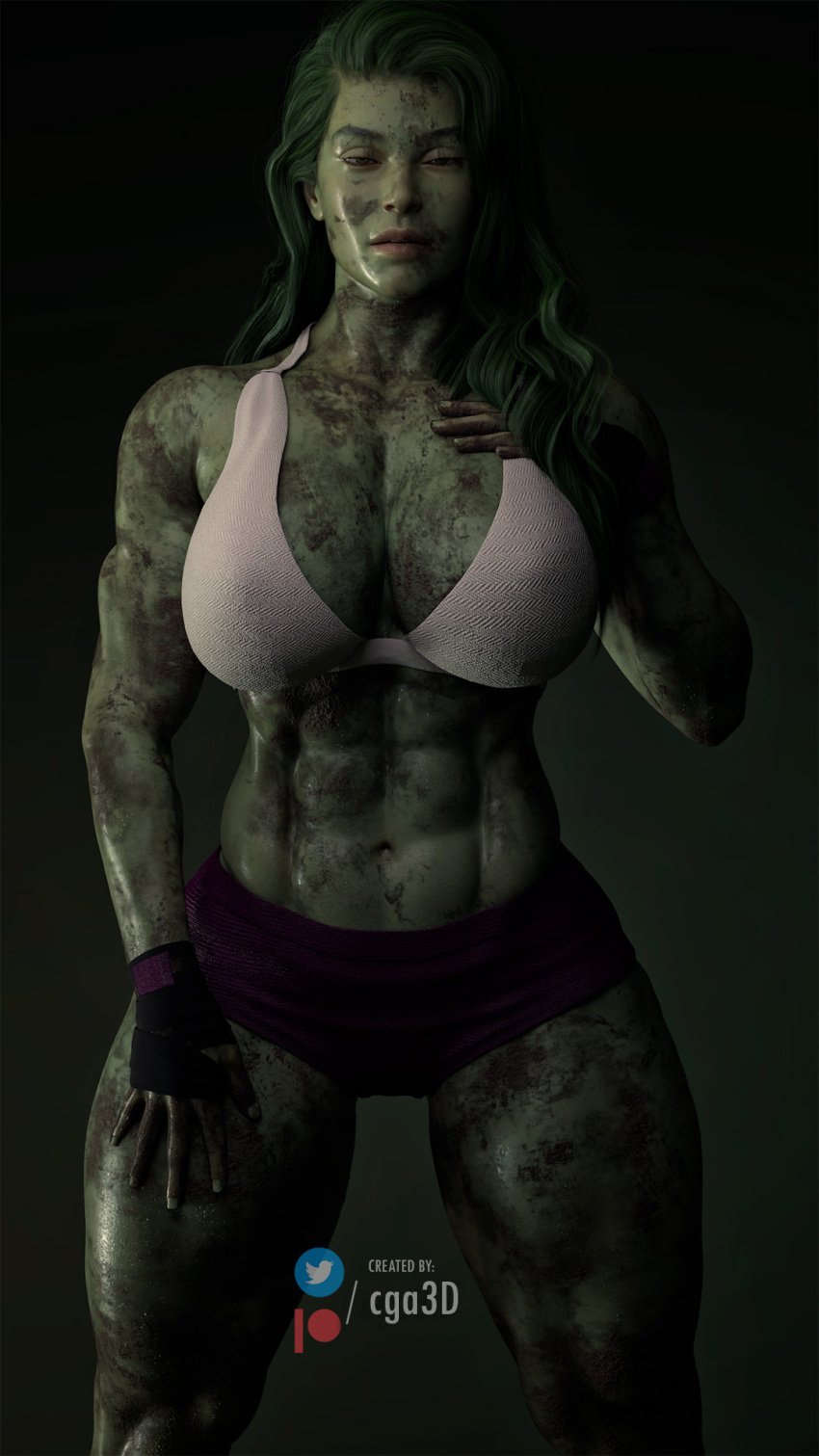 1girls 3d abs big_breasts breasts celebrity cga3d curvy curvy_ curvy_female dirt dirty erotichris female female_only fingerless_gloves gloves green-skinned_female green_hair green_skin hi_res huge_breasts hulk_(series) large_breasts marvel marvel_comics midriff muscular muscular_female patreon_username she-hulk short_shorts shorts six_pack solo thick_thighs twitter_username voluptuous voluptuous_female wide_hips