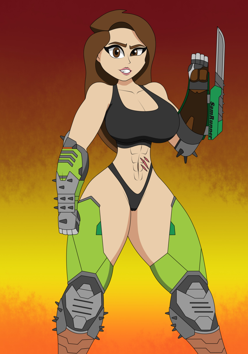 1girls armor big_breasts breasts brown_eyes brown_hair clothed clothing doom doom_eternal doom_slayer_(doom) human large_breasts long_hair looking_at_viewer rule_63 samrunner small_waist thick_thighs thighhighs thighs waist