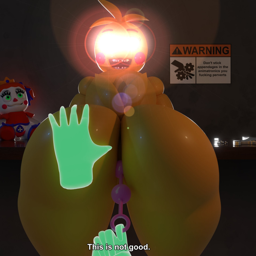 1girls 3d ambiguous_gender anal anal_beads ass big_ass big_butt disembodied_hands female female_focus five_nights_at_freddy's five_nights_at_freddy's:_help_wanted five_nights_at_freddy's_2 g0g0g0g0g0g glowing_eyes head_turned huge_ass looking_at_viewer looking_back plush poster poster_(object) tagme text toy_chica_(fnaf)