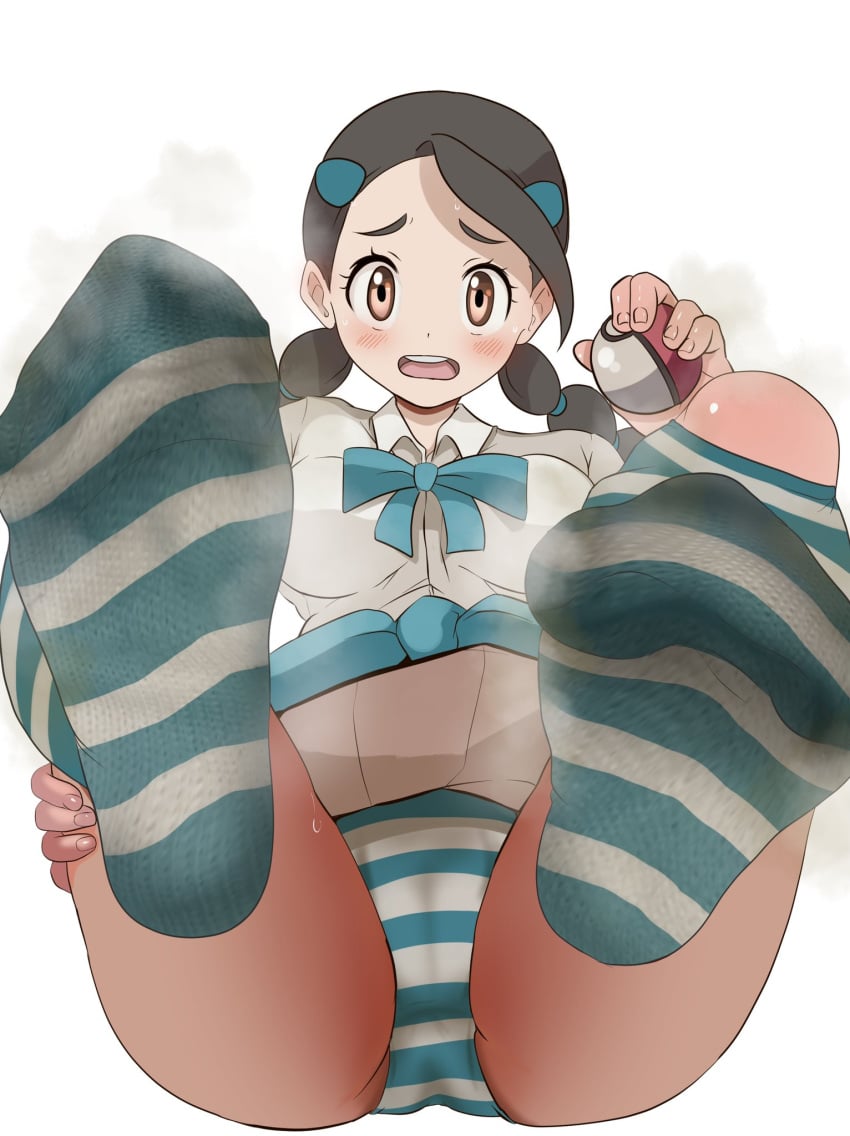 1girls black_hair blush candice_(pokemon) douraku feet female_only foot_fetish foot_focus game_freak gym_leader nintendo no_shoes panties pokemon pokemon_dppt smell smelly_feet smelly_socks socks soles striped_legwear striped_panties