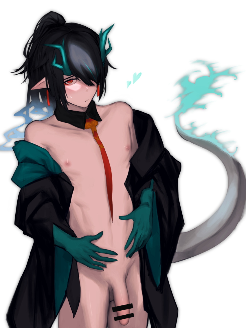 1boy acuonoa arknights bar_censor black_coat black_collar black_hair blush censored coat collar colored_skin cowboy_shot detached_collar dragon_boy dragon_horns dragon_tail dusk_(arknights) earrings embarrassed flaccid genderswap_(ftm) green_skin hair_between_eyes hair_over_one_eye highres horns jewelry long_sleeves looking_at_viewer male_focus male_only medium_hair naked_coat navel necktie nipples off_shoulder one_eye_covered open_clothes open_coat penis pointy_ears red_eyes red_necktie rule_63 solo tail tassel tassel_earrings