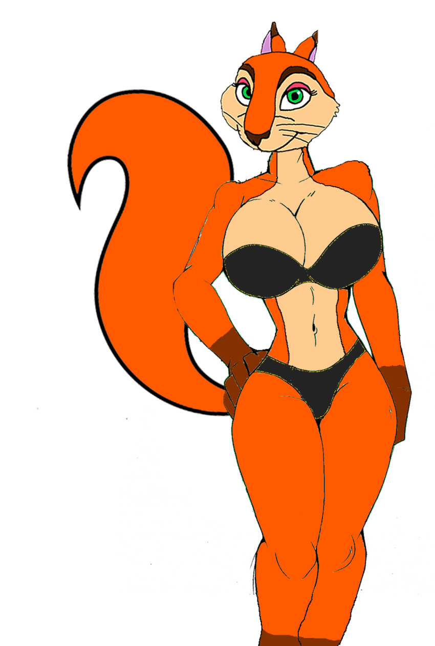 akatsukishiranui-fox alluring andie_(the_nut_job) anthro anthrofied big_breasts bikini cleavage edit green_eyes legs pin_up posing red_squirrel squirrel sultry the_nut_job