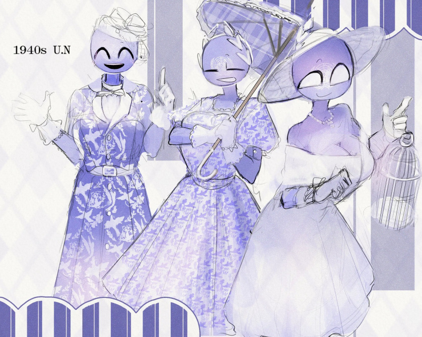 3girls clothed countryhumans countryhumans_girl dress female female_only gloves hat light_blue_skin oceanic_pallete repost safe soft_color tagme umbrella united_nations_(countryhumans)