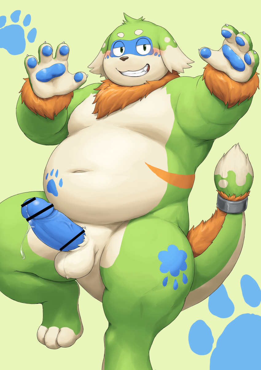 2022 absurd_res anthro balls barontoko belly big_belly brown_body canid canine censored erection genitals green_body hi_res humanoid_hands kemono male mammal moobs navel overweight overweight_male penis pento_(kamiyu) solo