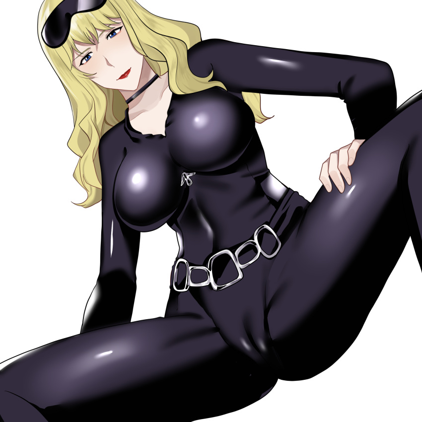 alpha_channel amber_jin bangs belt black_bodysuit blonde_hair blue_eyes bodysuit breasts catsuit chocker cowboy_bebop curls curly_hair eyewear_on_head female julia_(cowboy_bebop) kadokawa_shoten leather png pussy pussy_outline squatting sunglasses sunglasses_on_head transparent_background tv_tokyo