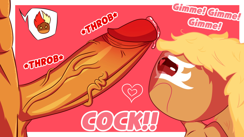 abs big_penis blonde_hair cock_shock cock_worship cookie_run heart heart-shaped_pupils maychup_cookie original_character penis penis_awe pink_choco_cookie precum simple_background text time_jester_(artist) uncensored veiny_penis