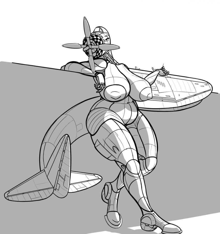 1girls aeromorph aircraft anthro black_and_white chubby female female_only huge_breasts leaning_on_elbow line_art living_aircraft living_machine p-47_thunderbolt sketch solo top_kek_m9