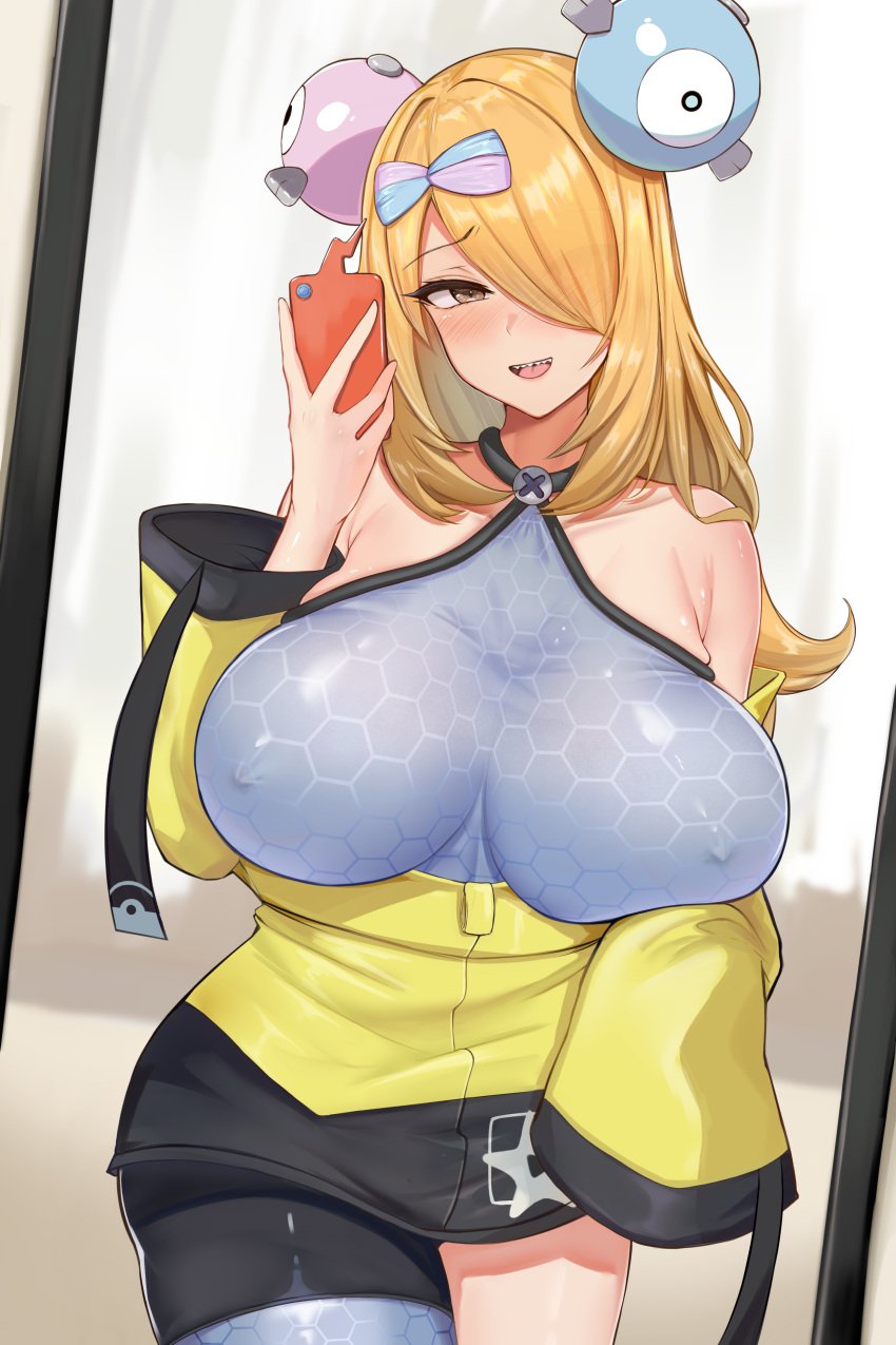 1girls akamashi blonde_hair breasts busty cosplay cynthia_(pokemon) erect_nipples erection_under_clothes gym_leader_(cosplay) hi_res huge_breasts iono_(pokemon)_(cosplay) jacket mature_female mirror_selfie nintendo nipples_visible_through_clothing phone pokemon pokemon_bdsp pokemon_dppt pokemon_sv selfie sharp_teeth slutty_outfit yellow_jacket