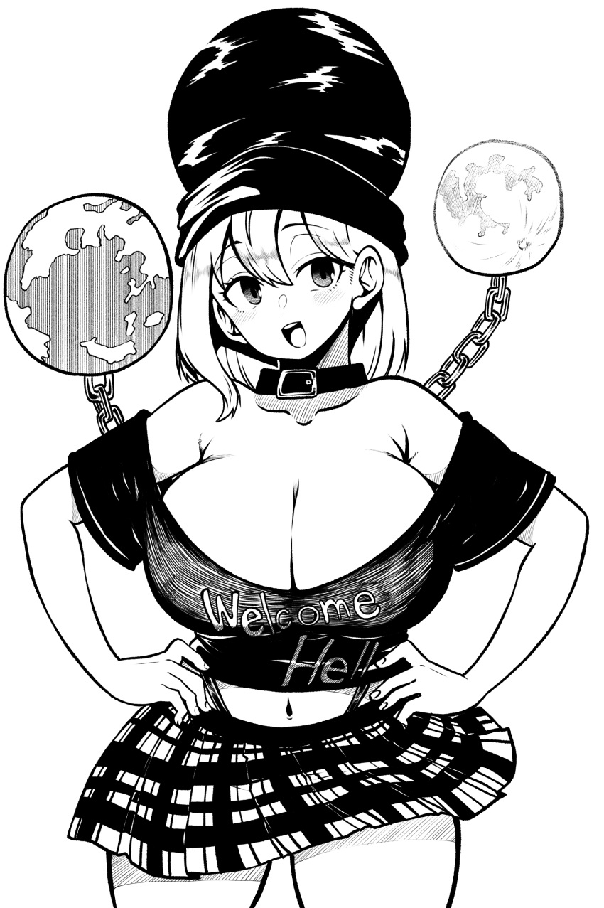 absurdres black_shirt breasts chains cleavage clothes_writing crop_top earth_(ornament) female greyscale hecatia_lapislazuli highres himajin_noizu large_breasts microskirt monochrome moon_(ornament) navel off-shoulder_shirt off_shoulder plaid plaid_skirt polos_crown shirt simple_background skirt solo t-shirt touhou white_background