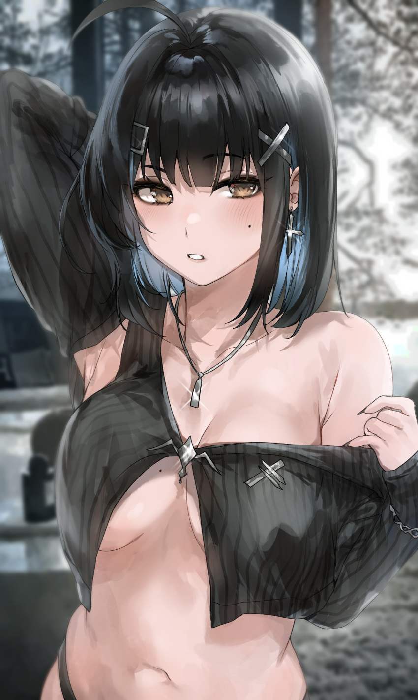 1girls belly belly_button black_hair blush breasts clothing cross_earrings earrings female female_only goth goth_girl hi_res irene_(kanniiepan) kanniiepan medium_breasts midriff mole_on_breast navel necklace original original_character short_hair sweater underboob yellow_eyes