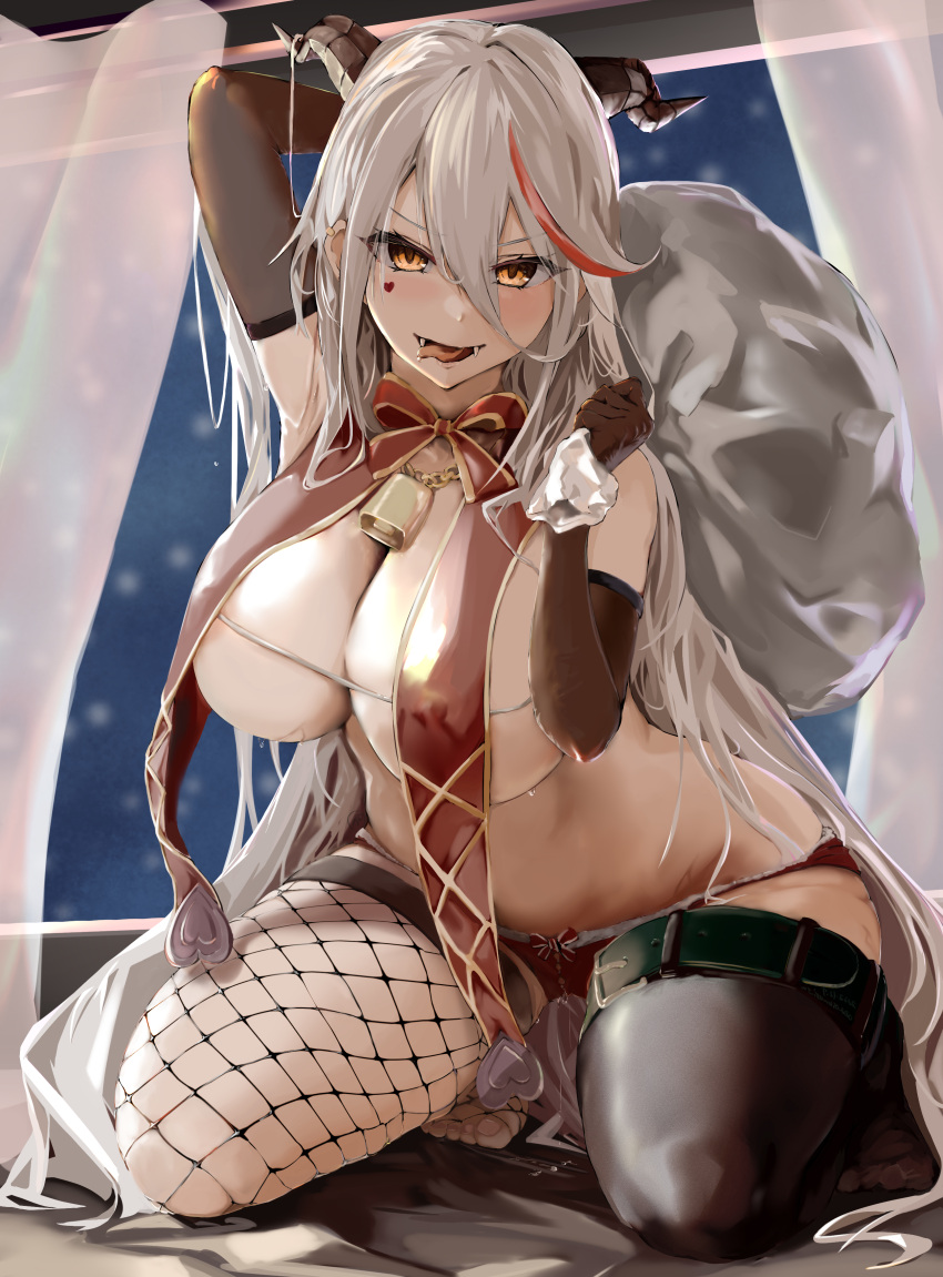 1girls absurdly_long_hair absurdres aegir_(azur_lane) arm_behind_head azur_lane bell breast_curtains breasts brown_bag cowbell demon_horns elbow_gloves facial_tattoo fangs female gloves hair_on_horn heart heart_tattoo highres horns indoors kneeling large_breasts light-skinned_female light_skin long_hair looking_at_viewer multicolored_hair oza_osuwari pussy_juice red_hair ribbon sweat tattoo thighhighs tongue tongue_out underbust very_long_hair white_hair yellow_eyes