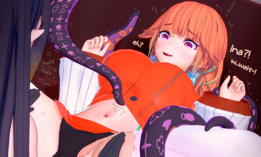 2girls arcadia breasts female hololive hololive_english hololive_myth imminent_sex large_breasts light_skinned_female long_hair multiple_girls ninomae_ina'nis orange_hair purple_hair rape takanashi_kiara tentacle text virtual_youtuber