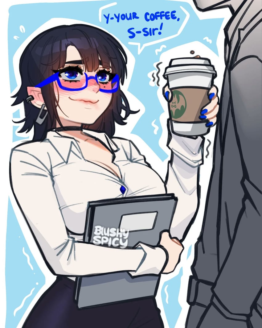 1boy1girl big_breasts black_hair blushing blushing_female blushypixy blushyspicy boss choker cleavage clipboard coffee coffee_cup female glasses lustful_gaze oc office_lady original original_character secretary shaking skirt text unseen_male_face vampire vampy_(blushypixy) vivian_(blushyspicy) white_skin