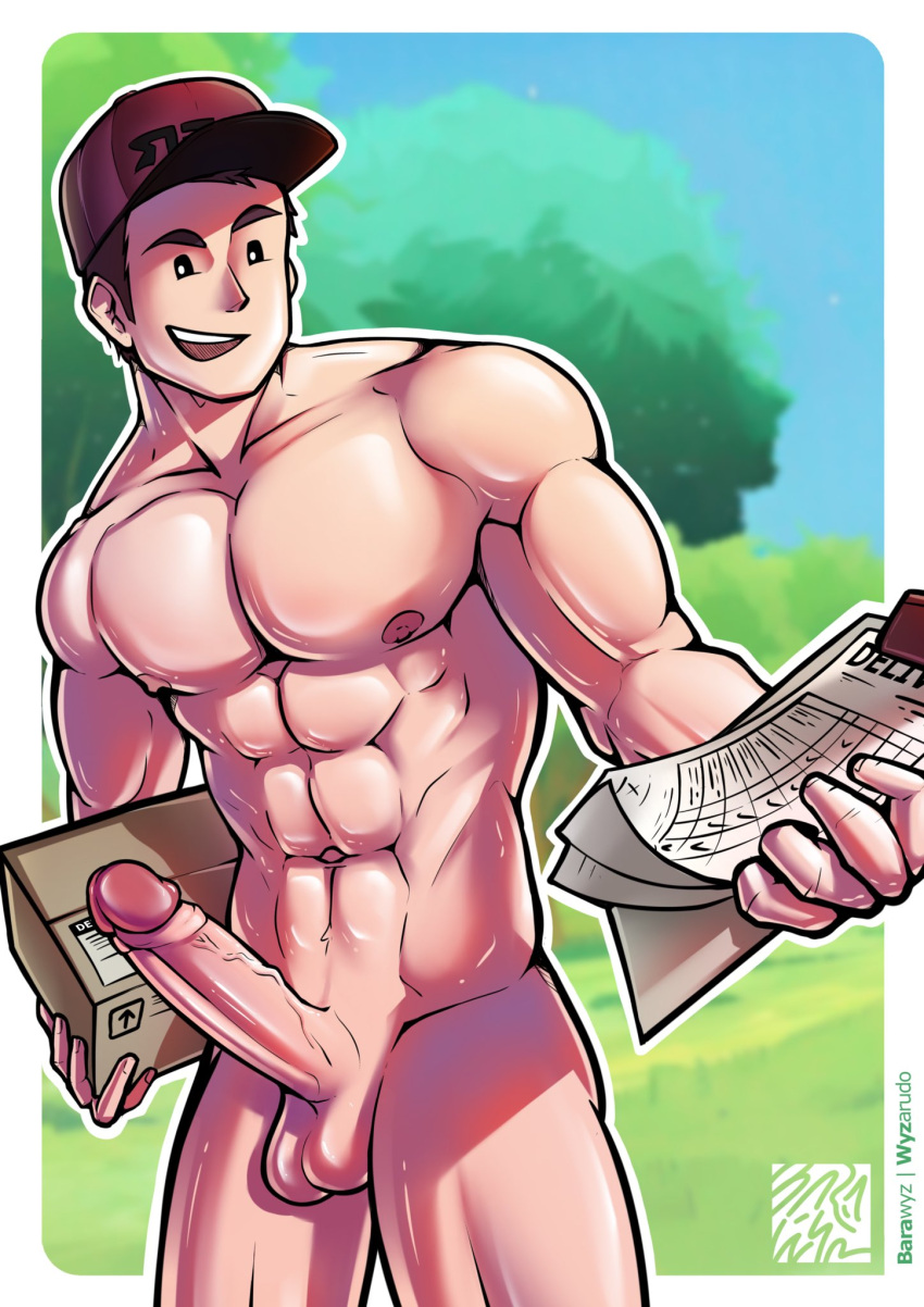 bara boner courier_(pokemon) erect_penis erection hard_on male male_only muscles muscular muscular_male outdoors outside pokemon pokemon_sv uncut veiny_penis wyzarudo