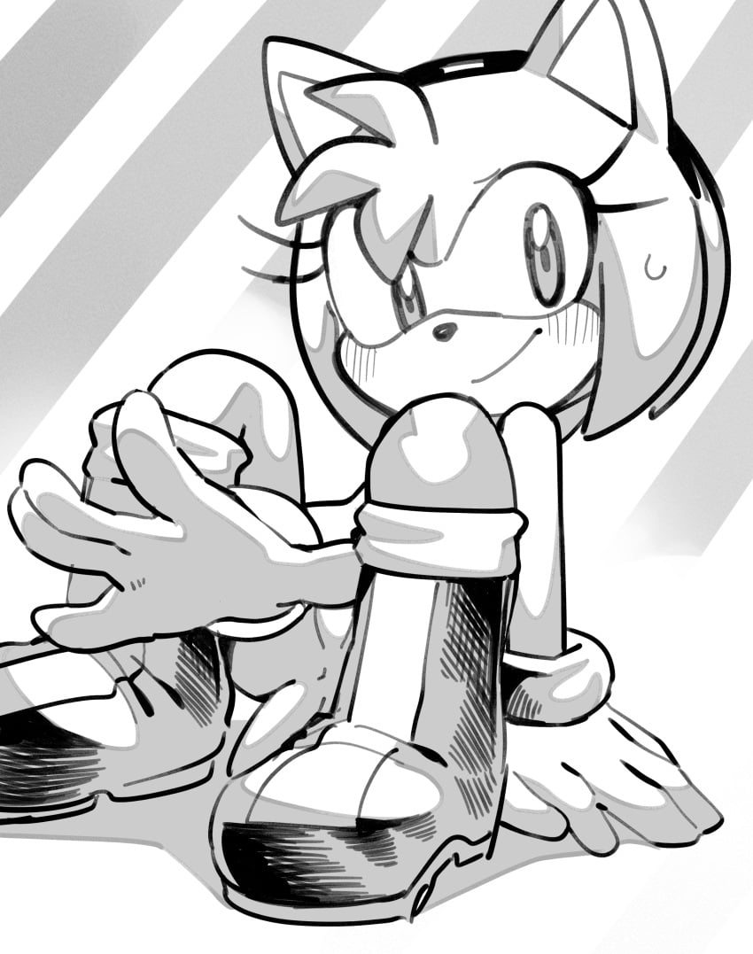 absurd_res accessory amy_rose anthro anus black_and_white blush boots bracelet clothing convenient_censorship eulipotyphlan eyelashes female footwear gloves hair_accessory hairband handwear headband hedgehog hi_res jewelry mammal monochrome nude oposa sega simple_background sitting solo sonic_(series) sonic_the_hedgehog_(series) video_games white_background