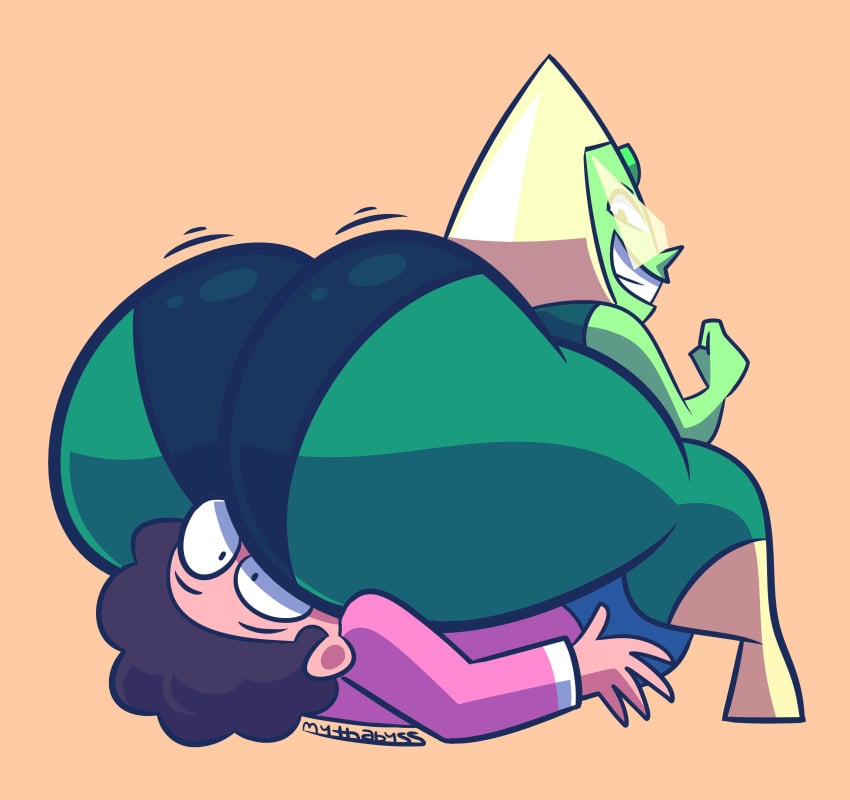 1boy 1girls ass big_ass black_hair blonde_hair cartoon_network clothing dat_ass dumptruck_ass facesitting fat_ass female female_focus gem_(species) green_skin huge_ass large_ass looking_back male mythabyss peridot_(steven_universe) sitting_on_face sitting_on_person smile smirk steven_quartz_universe steven_universe thick_ass thick_thighs thighs visor