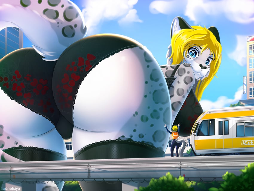 anthro ass_focus ass_view big_breasts butt_focus butt_view dat_ass felid feline female_focus furry giantess huge_ass huge_butt ladnelsiya large_ass large_butt legwear leopard lingerie long_hair looking_at_another looking_back macro oc original_character outdoors outside rear_view thick_thighs train underwear