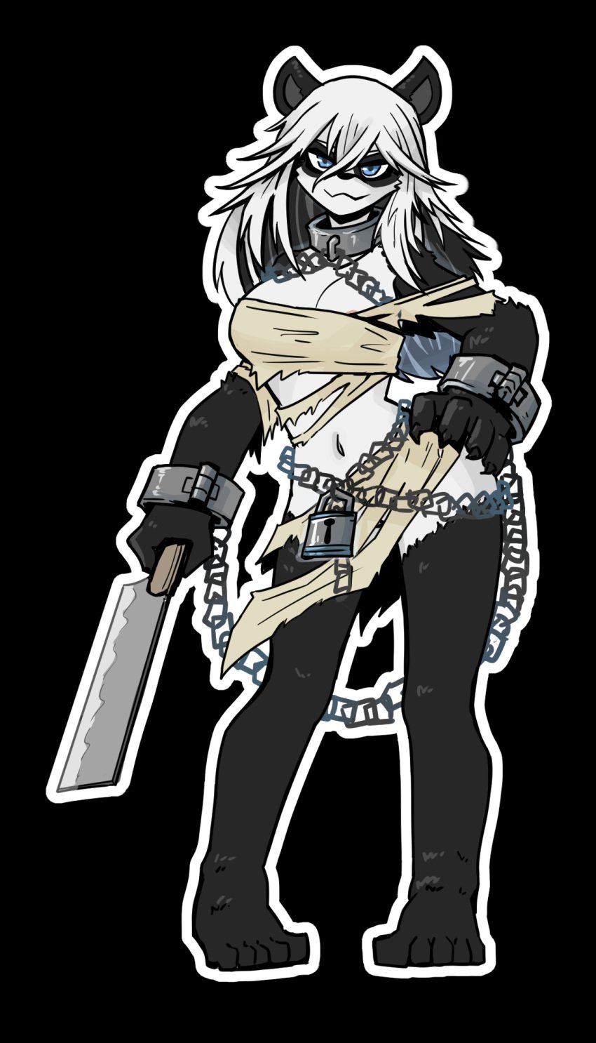 black_background blue_eyes chained chained_cuffs claws hi_res high_quality holding_object holding_weapon juztplay long_hair long_white_hair looking_at_viewer panda panda_ears panda_girl rachel_(xirtedak) ragged_clothing shackles white_hair