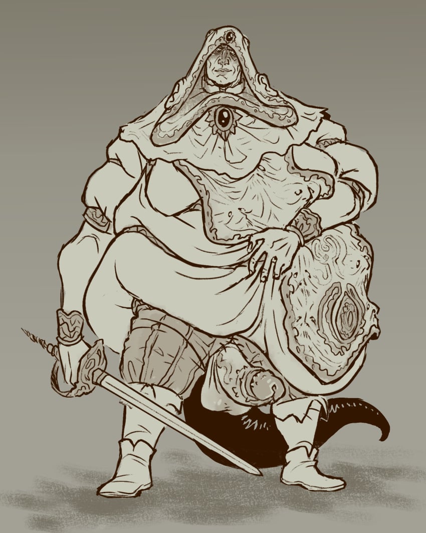 artist_upload barbed_penis commission_art elden_ring fat fat_folds fat_man fromsoftware godskin_noble large_penis male_focus monster monster_cock penis pinnipeen smiling_at_viewer sword tail