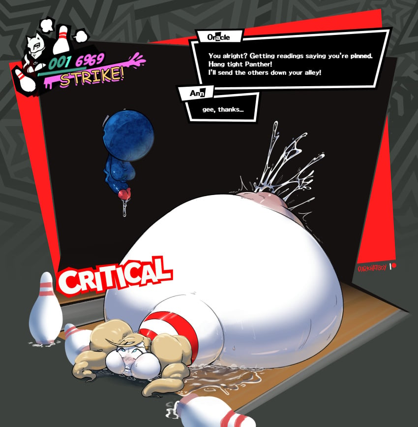 alternate_version_available ann_takamaki atlus belly_inflation big_penis blonde_hair blue_eyes blush blush_lines bowling_ball bowling_pin bowling_pins cum cum_inside cum_leaking cumflation darkhatboy english english_text eyes_rolled_back fuckable_pin hairclip horny_blue_bowlingball hp_bar inflated_belly inflation mask mouth_full_of_cum penis persona persona_5 post_transformation text text_box transformation transformation_sequence twintails wyer_bowling wyer_bowling_(meme)