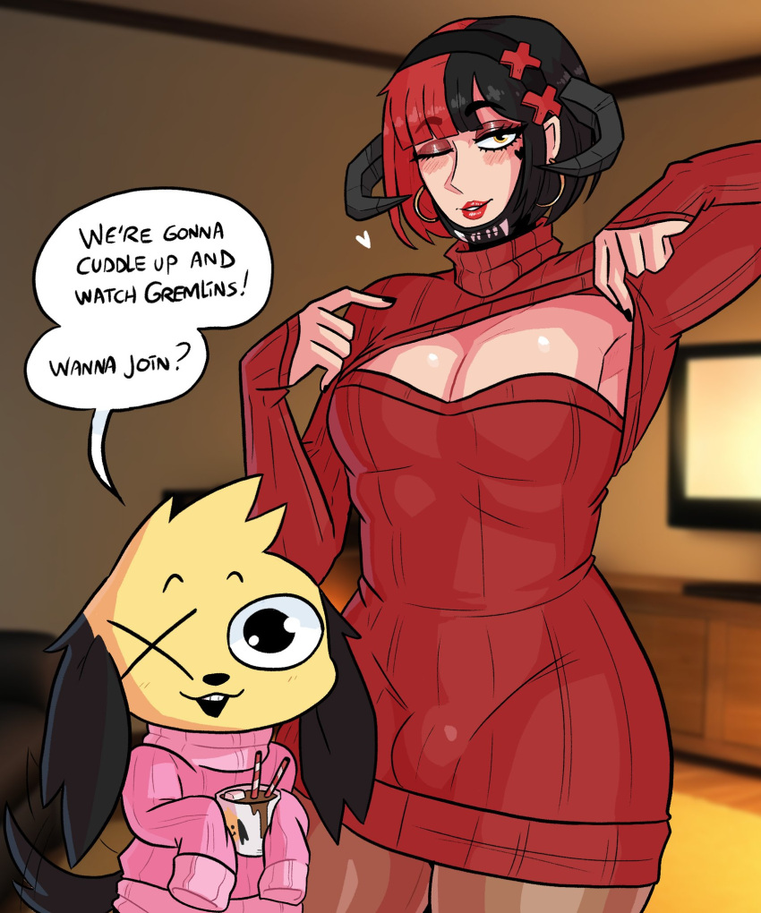 artist_self-insert black_hair boob_window breasts bulge cartoony cleavage dog earrings femboy femboymaycry hoop_earrings loggus_doggus male red_hair sweater tail wagging_tail wide_hips wink x_eye