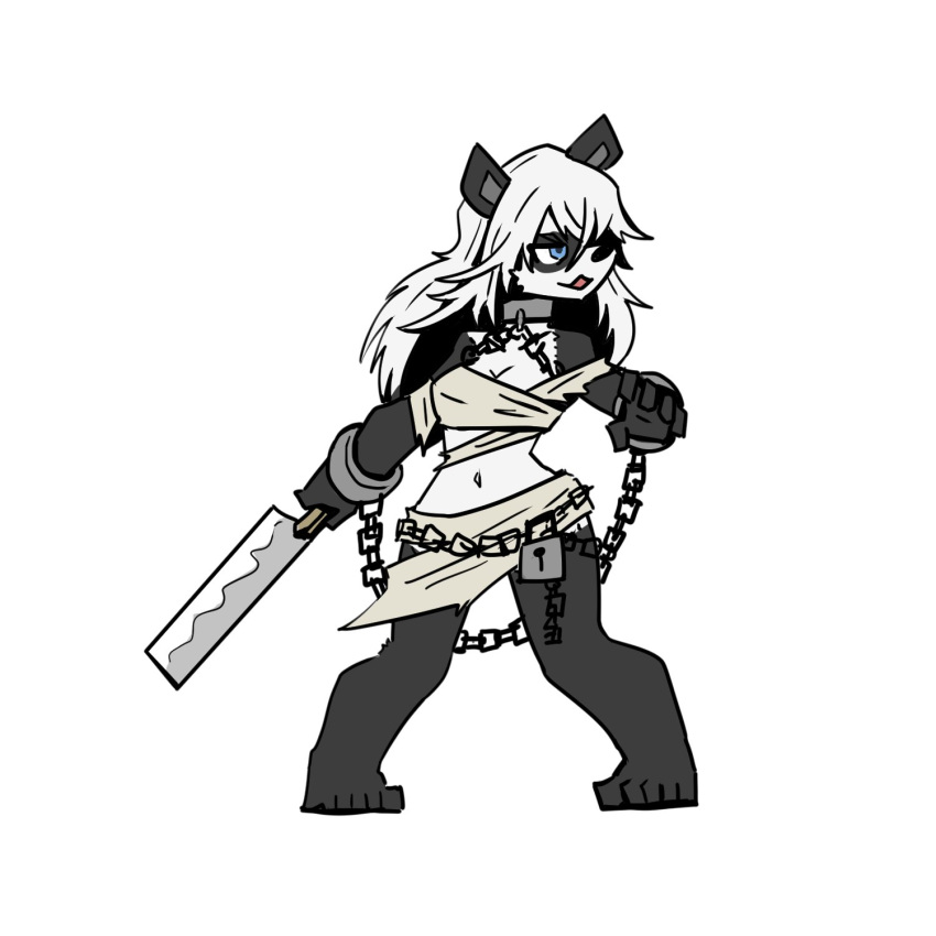 battle_stance blue_eyes chained chained_cuffs holding_object holding_weapon juztplay long_hair long_white_hair open_mouth panda panda_ears panda_girl rachel_(xirtedak) ragged_clothing white_background white_hair