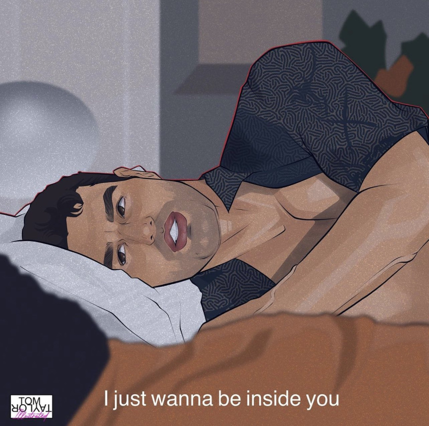 cameron_sullivan dialogue english_text ethan_spiller in_bed looking_at_each_other male male_only muscles muscular muscular_male open_shirt the_white_lotus_(tv_series) theo_james tom_taylor_illustrated will_sharpe