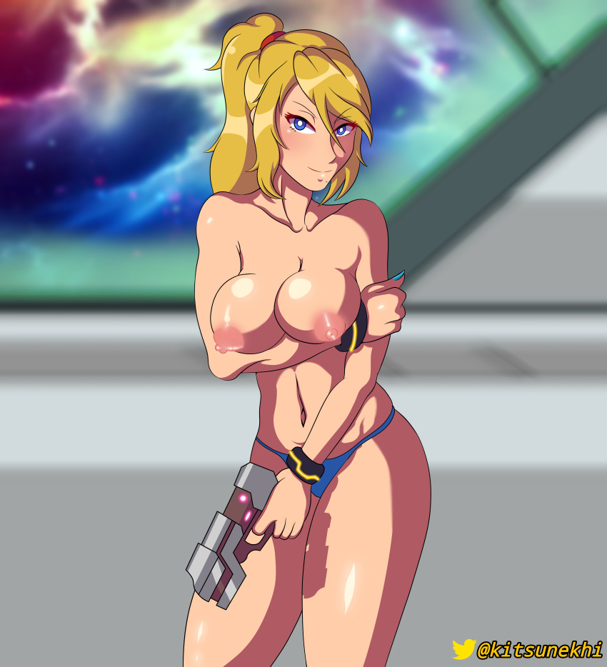 big_breasts blue_eyes kitsunekhi_ metroid samus_aran ship space white_skin yellow_hair