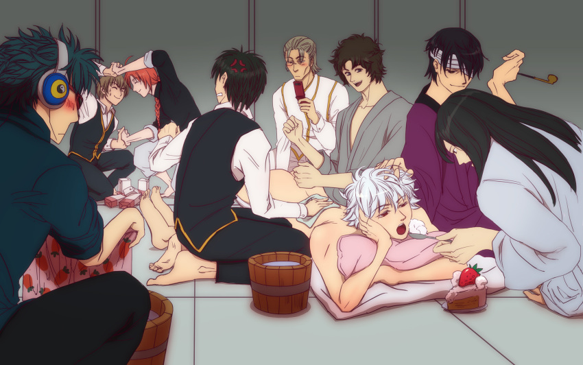 9boys anger_vein annoyed barefoot black_hair blush cake eating feeding food gintama gintoki_sakata hand_on_another's_head hi_res hijikata_toshiro japanese_clothes kamui_(gintama) katsura_kotarou kawakami_bansai kimono long_hair_male male male_only massage miki_doryokuga multiple_boys nude_male okita_sougo on_stomach police_officer police_uniform sakamoto_tatsuma sasaki_isaburo shinsengumi_(gintama) smile takasugi_shinsuke uniform washing white_hair