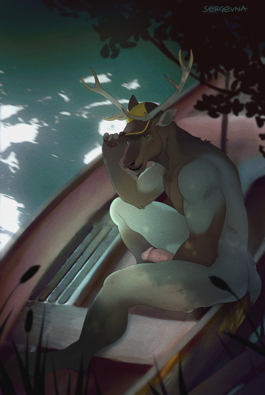 anthro antlers brown_body brown_fur canoe cervid cervine clothing erection fur genitals hat hat_only headgear headgear_only headwear headwear_only hi_res horn humanoid_genitalia humanoid_penis looking_at_viewer male mammal mostly_nude nude outside penis plant sergevna sitting solo tipping_hat tree vehicle water watercraft