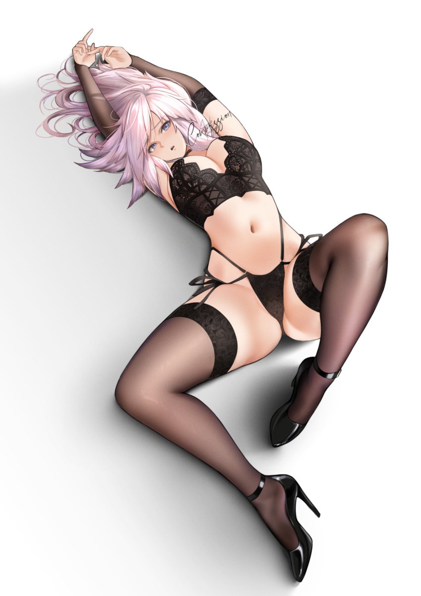 1girls arms_up bangs black_bra black_footwear black_panties black_sleeves black_thighhighs blue_eyes bra breasts choker cleavage cross-laced_clothes detached_sleeves dutch_angle female from_above gabriel_(granblue_fantasy) granblue_fantasy grey_background high_heels highleg highleg_panties highres knee_up lace lace_bra lace_panties large_breasts legs light-skinned_female light_skin lingerie long_hair looking_at_viewer lying multi-strapped_panties navel on_back panties parted_lips pink_hair shizuko_hideyoshi side-tie_panties simple_background spread_legs stomach string_panties swept_bangs thighhighs thighs underwear