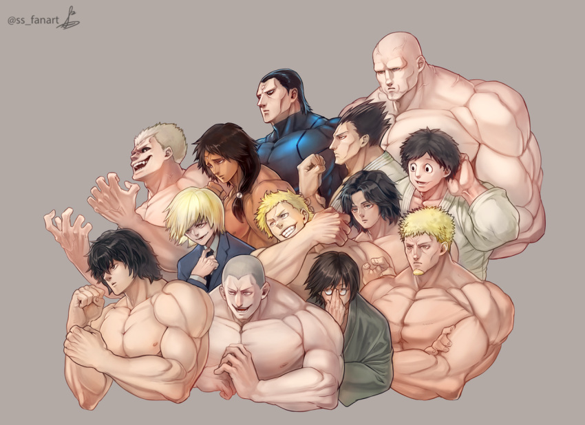 13boys akoya_seishu bald bara black_hair blonde_hair crossed_arms gaoh_ryuki gaolang_wongsawat gi goatee hair_slicked_back hayami_masaki japanese_clothes kanoh_agito kengan_(series) kengan_ashura kengan_omega kure_raian male male_only misasa multiple_boys muscular muscular_male okubo_naoya rihito shaved_head skin_tight ss_fanart suit tokita_ohma tokuno’o_tokumichi topless topless_male upper_body veiny_muscles wakatsuki_takeshi